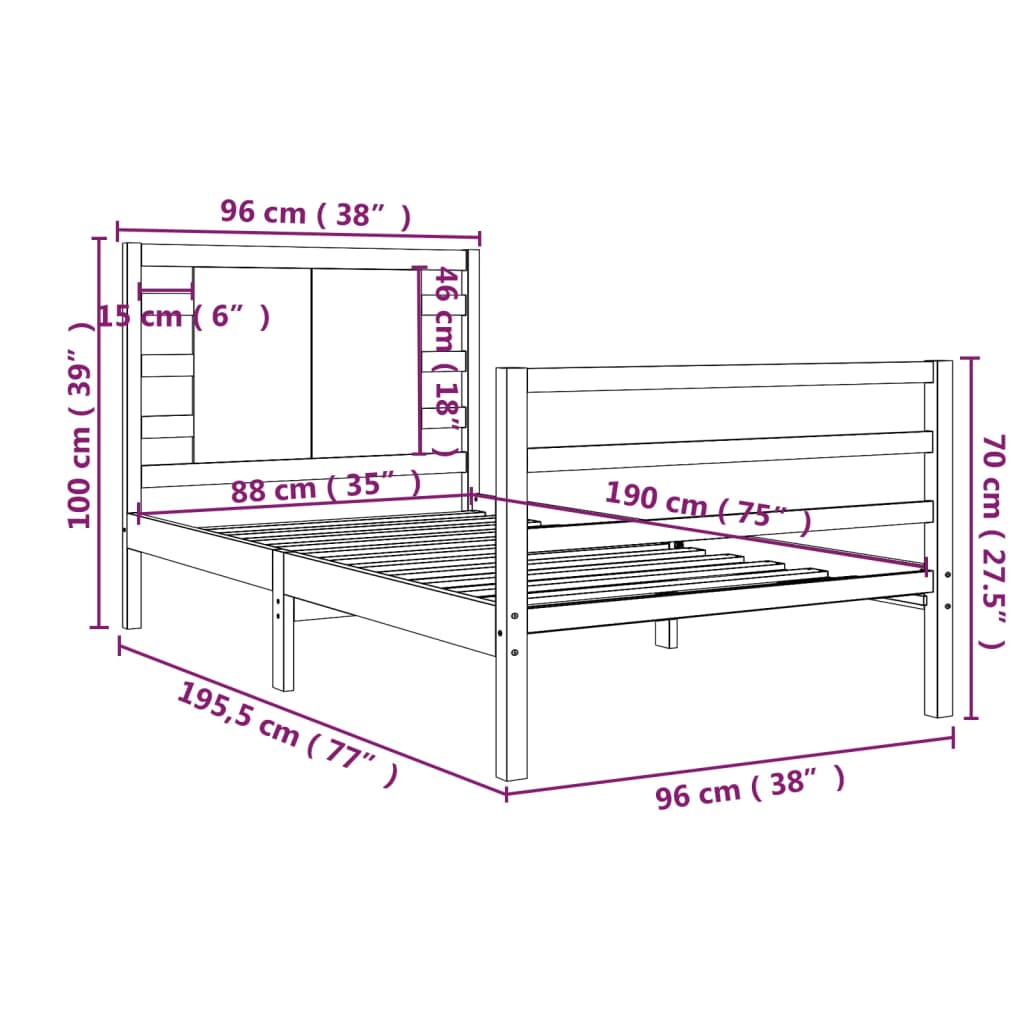 vidaXL sengeramme 90x190 cm Single massivt fyrretræ hvid