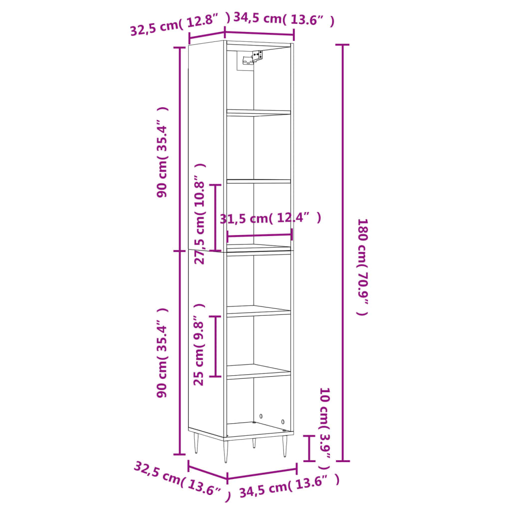 vidaXL skab 34,5x32,5x180 cm konstrueret træ hvid