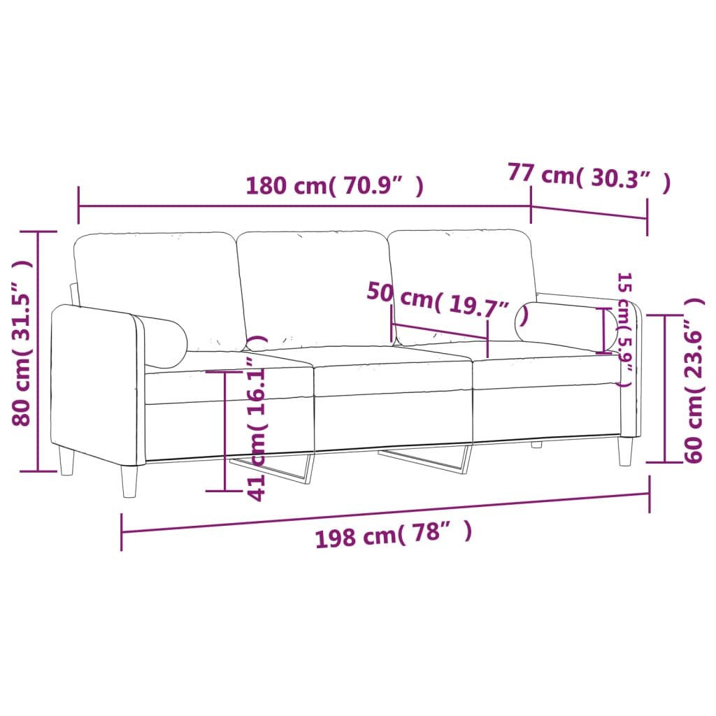 vidaXL 3-personers sofa med pyntepuder 180 cm velour pink