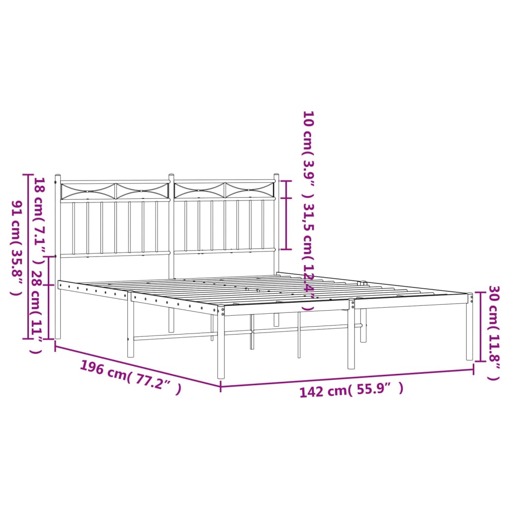 vidaXL sengeramme med sengegavl 135x190 cm metal hvid