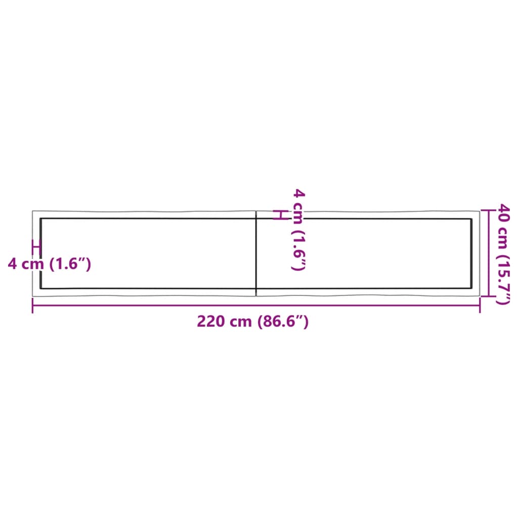 vidaXL bordplade 220x40x(2-4)cm naturlig kant ubehandlet massivt træ