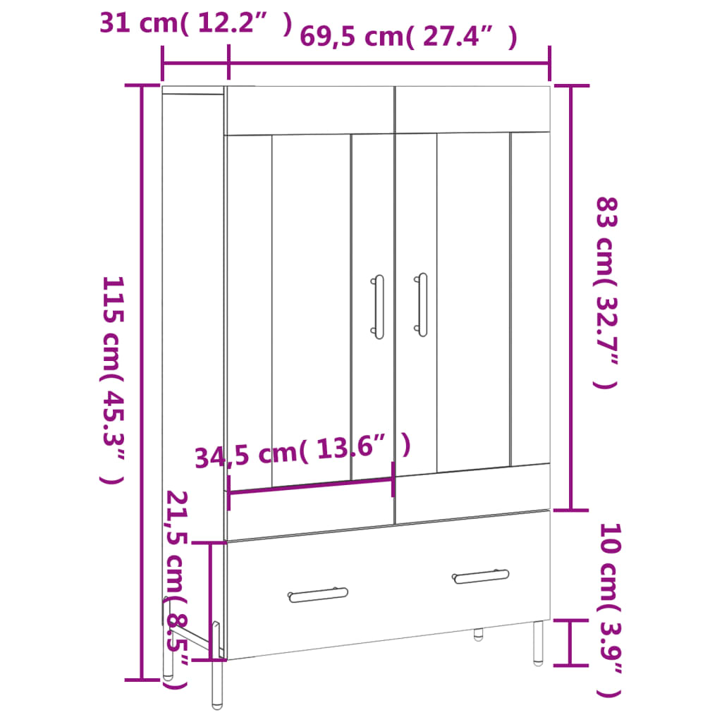 vidaXL skab 69,5x31x115 cm konstrueret træ hvid