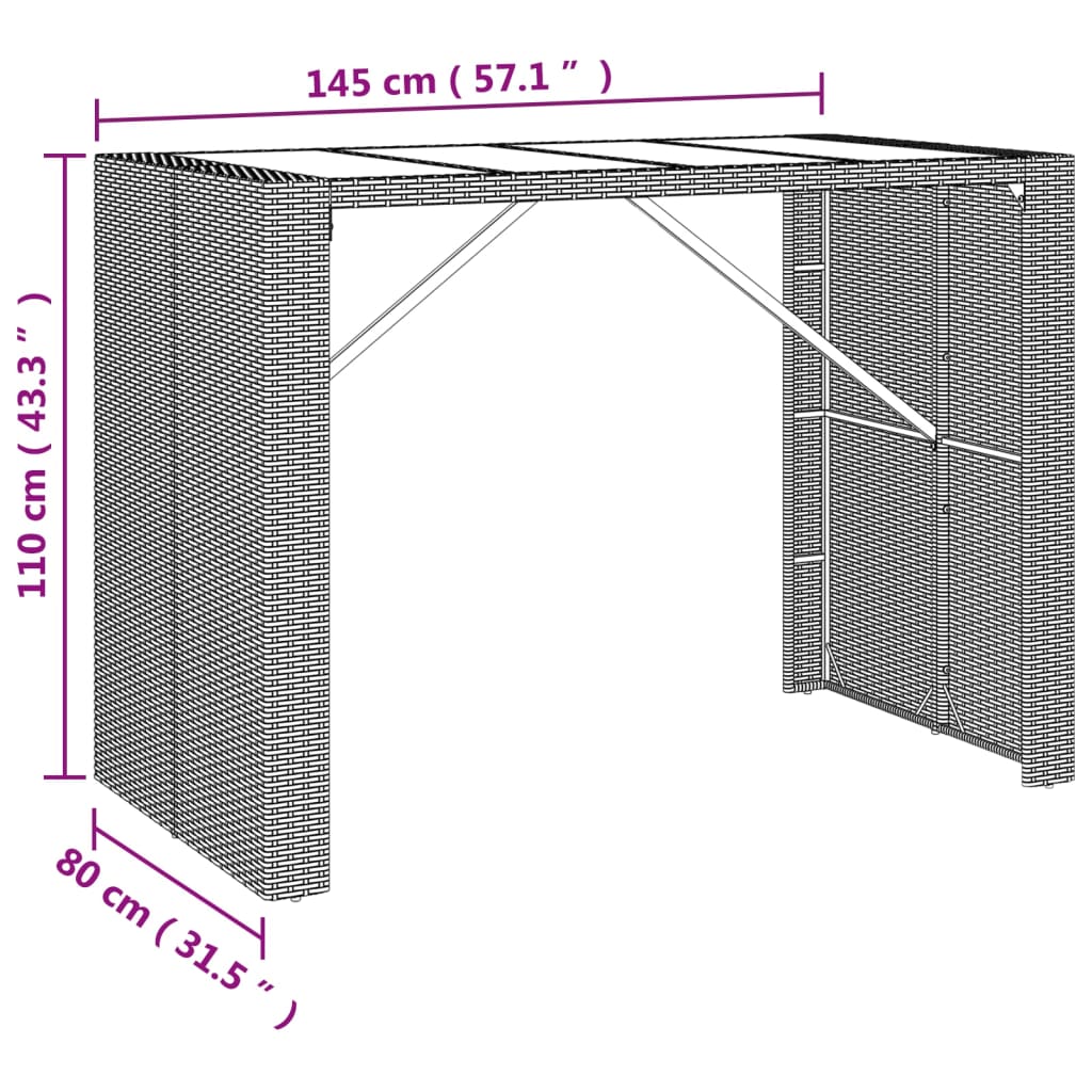 vidaXL barbord med glasplade 145x80x110 cm polyrattan sort