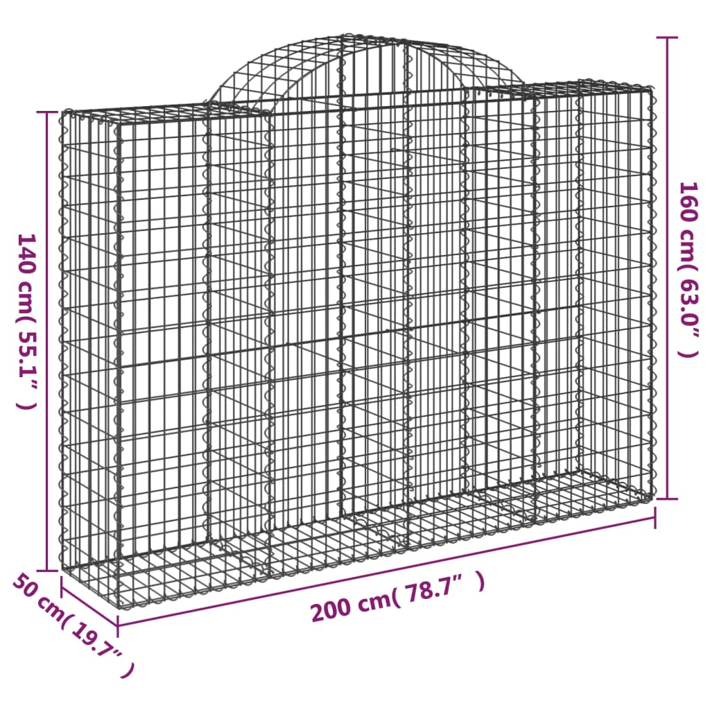 vidaXL buede gabionkurve 25 stk. 200x50x140/160 cm galvaniseret jern