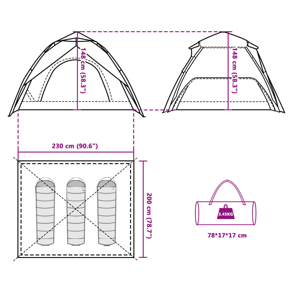 vidaXL 3-personers campingtelt kuppel quick-release grå og orange