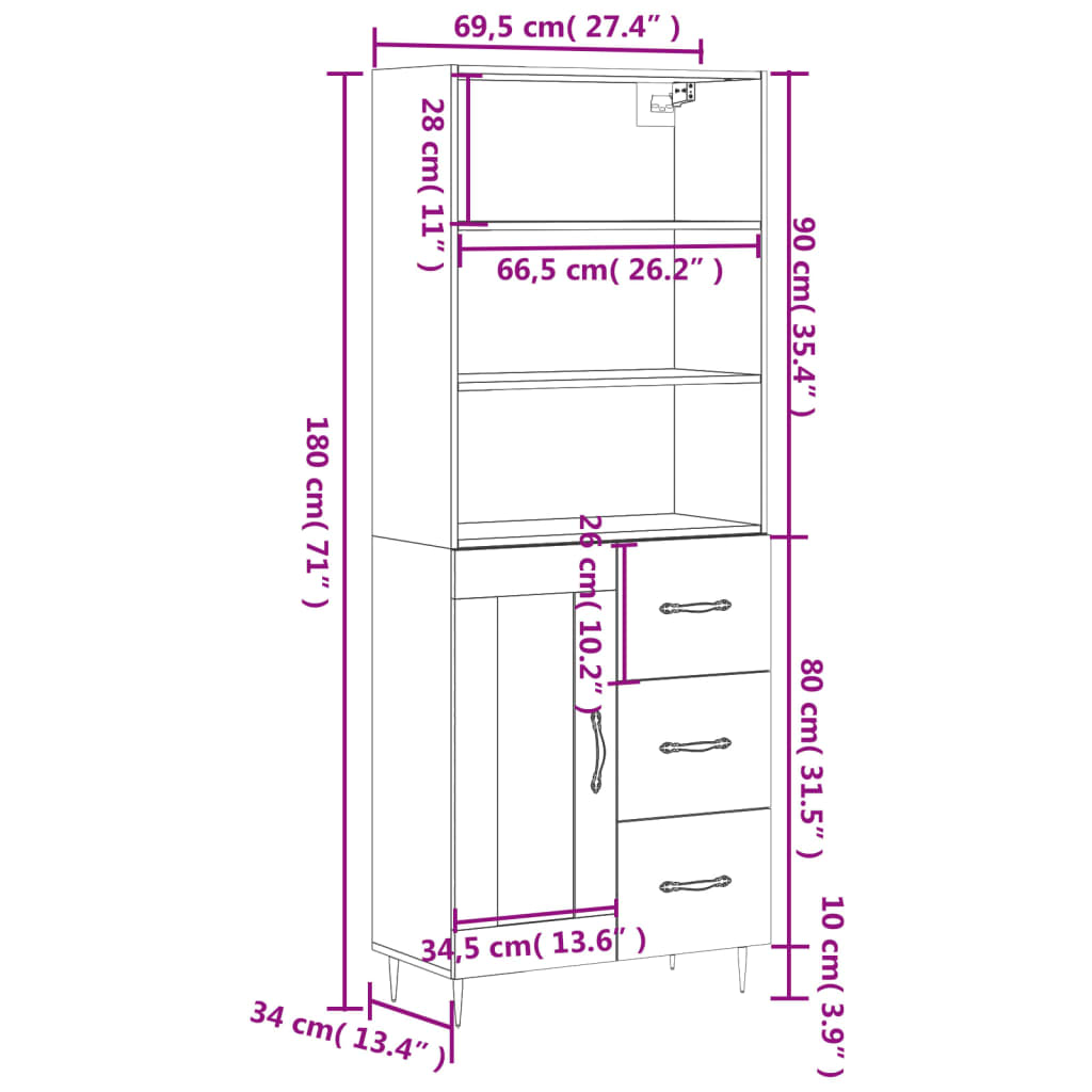 vidaXL højskab 69,5x34x180 cm konstrueret træ brun egetræsfarve