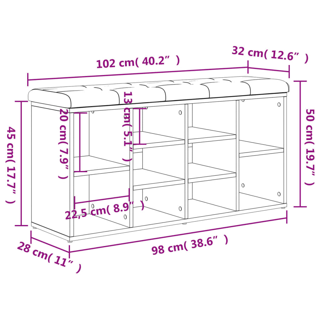 vidaXL skobænk 102x32x50 cm konstrueret træ sonoma-eg