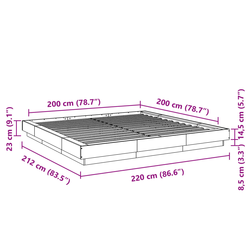 vidaXL sengeramme med LED-lys 200x200 cm konstrueret træ brunt eg