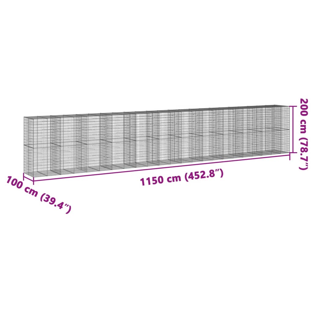 vidaXL gabionkurv med cover 1150x100x200 cm galvaniseret jern