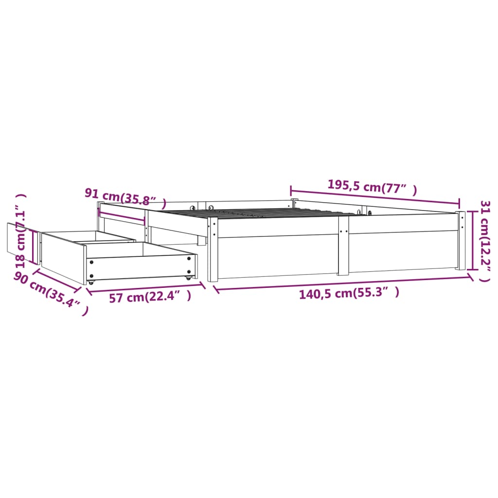 vidaXL sengeramme med skuffer 135x190 cm dobbelt sort