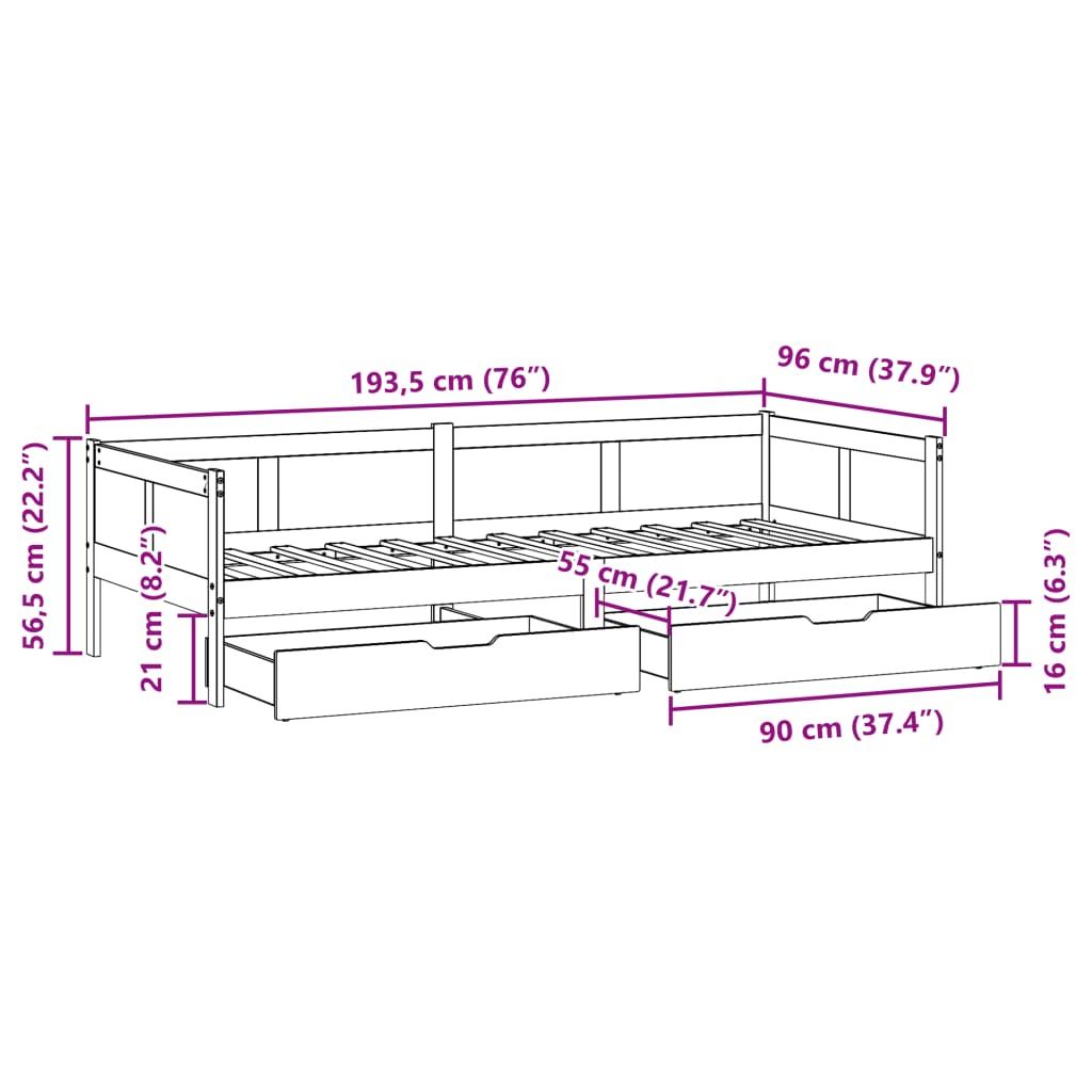 vidaXL daybed med skuffer 90x190 cm massivt fyrretræ hvid