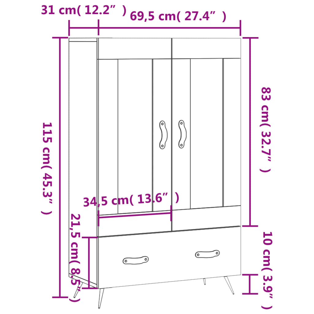 vidaXL skab 69,5x31x115 cm konstrueret træ sort