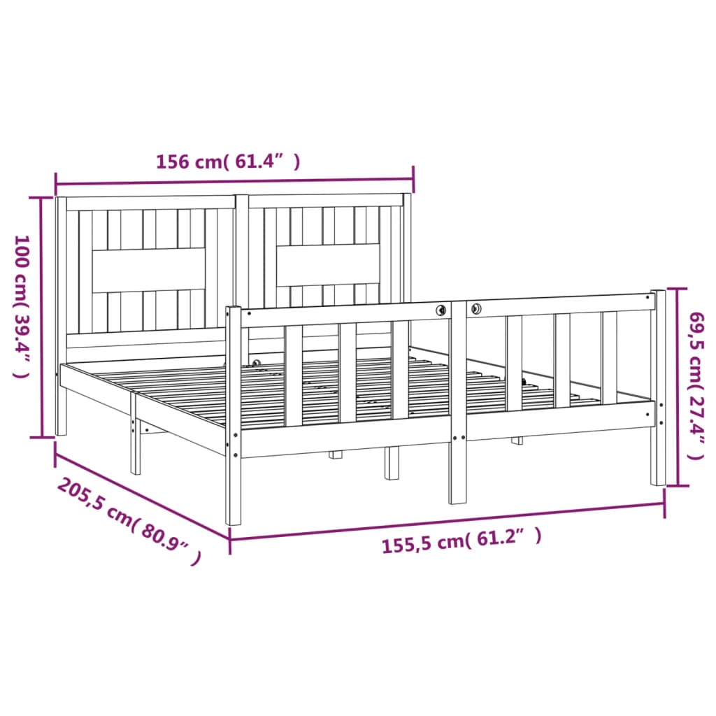 vidaXL sengeramme med sengegavl 150x200 cm kingsize massivt fyrretræ