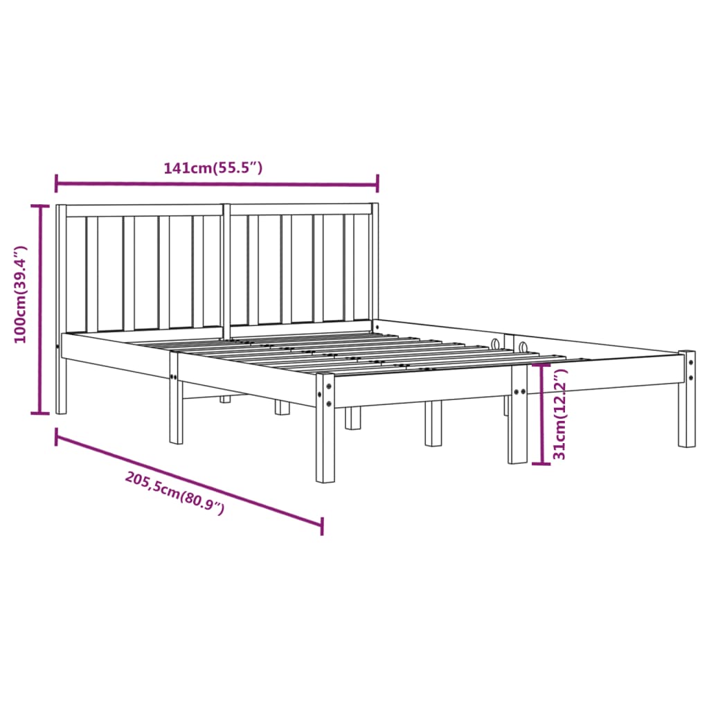 vidaXL sengeramme 135x190 cm Double massivt fyrretræ sort