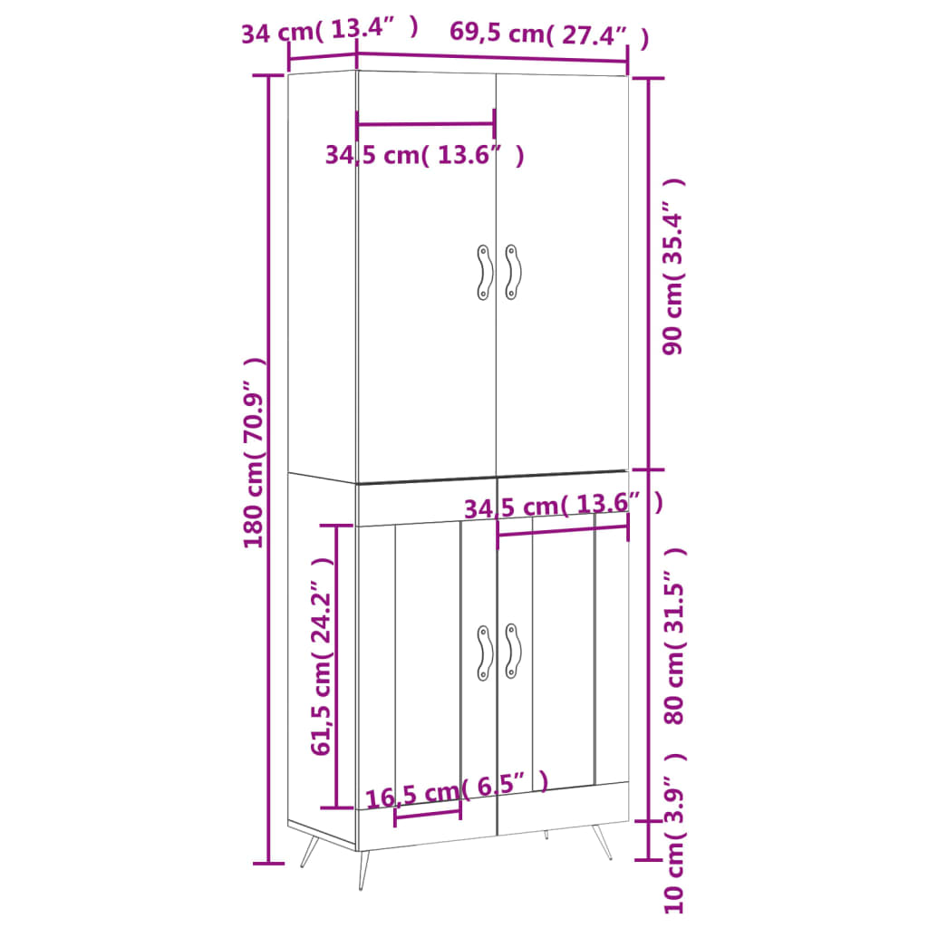 vidaXL højskab 69,5x34x180 cm konstrueret træ sort