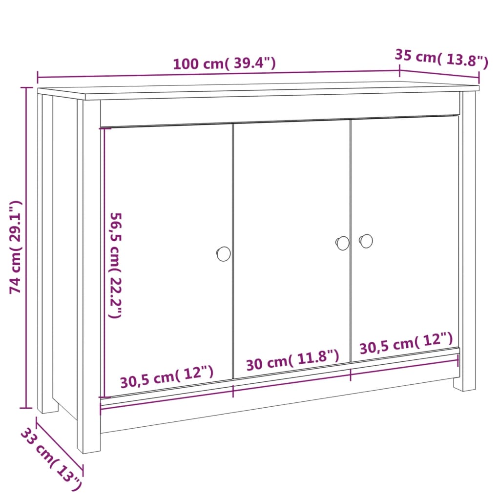 vidaXL skænk 110x35x74 cm massivt fyrretræ hvid