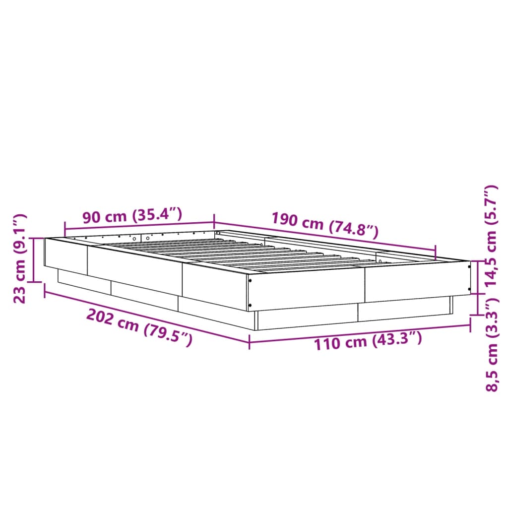 vidaXL sengeramme med LED-lys 90x190 cm konstrueret træ brun egetræ