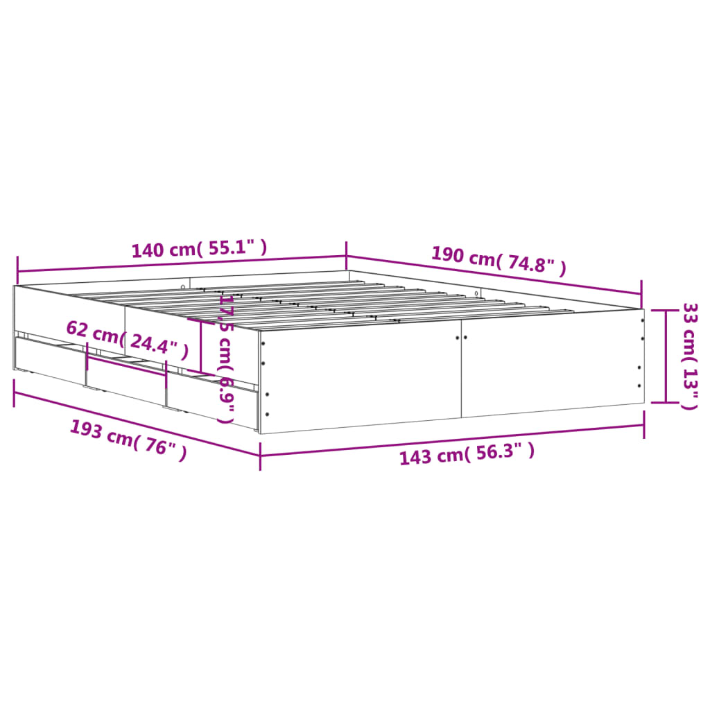 vidaXL sengeramme med skuffer 140x190 cm konstrueret træ grå sonoma-eg