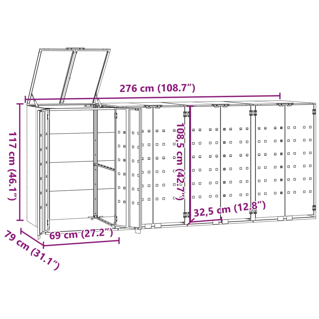 vidaXL skraldespandsskjuler 276x79x117 cm 4 rum stål grå