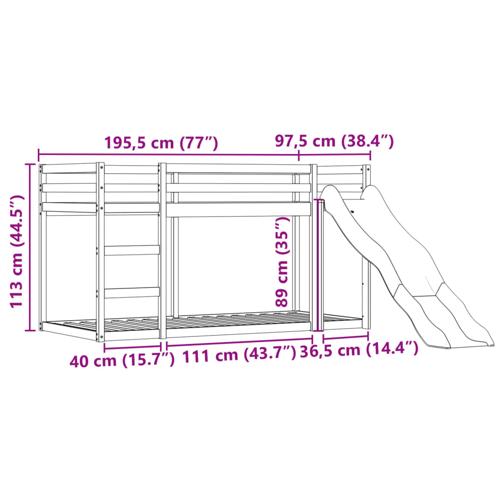 vidaXL køjeseng med rutsjebane og forhæng 90x190 cm hvid og sort