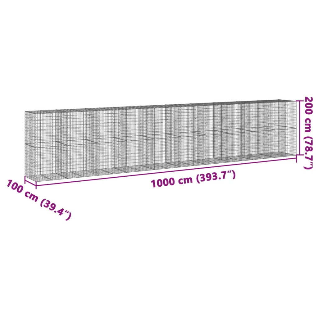 vidaXL gabionkurv med cover 1000x100x200 cm galvaniseret jern