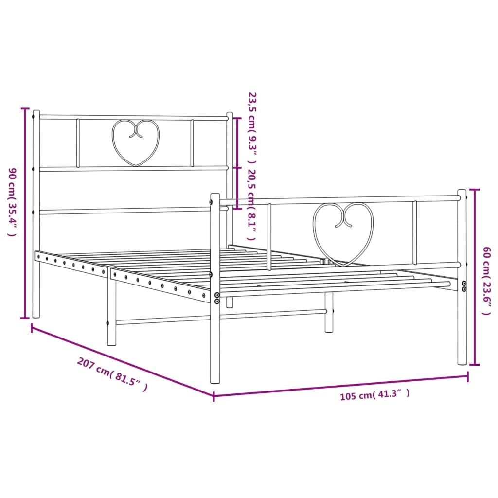 vidaXL sengeramme med sengegavl og fodgærde 100x200 cm metal sort