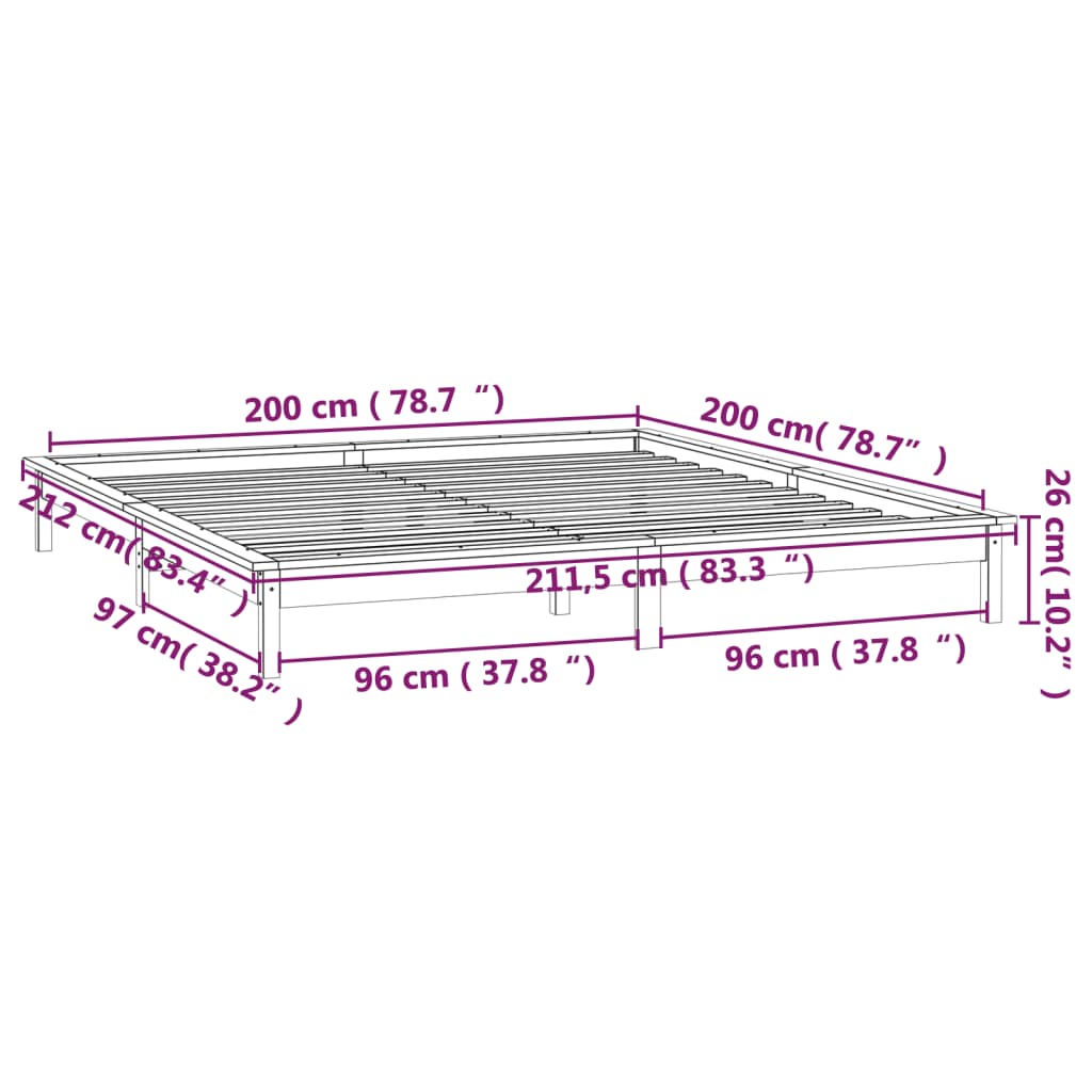 vidaXL sengeramme med LED-lys 200x200 cm massivt træ grå