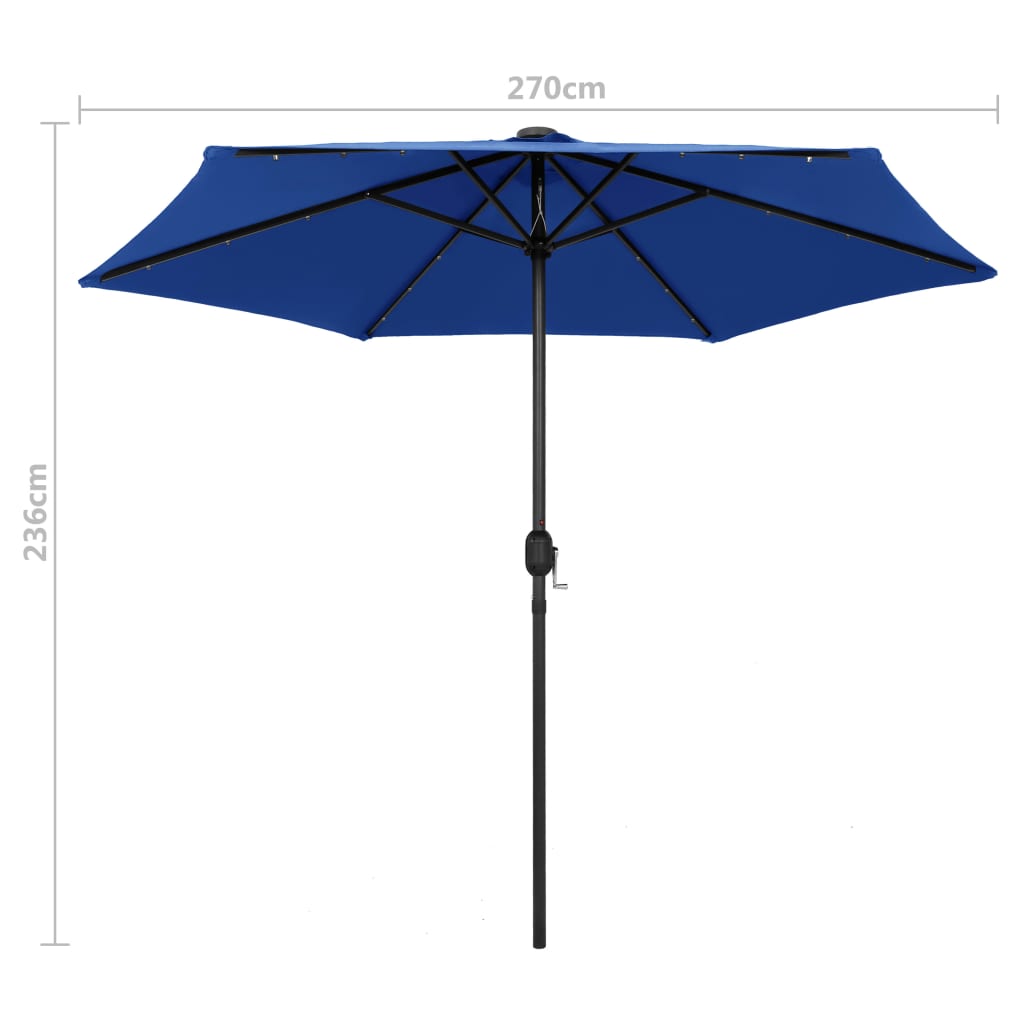 vidaXL udendørs parasol med LED-lys og aluminiumsstang 270 cm azurblå