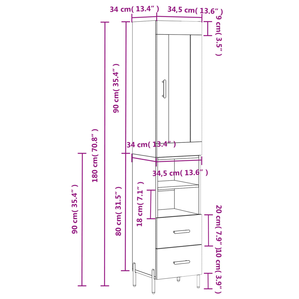 vidaXL skab 34,5x34x180 cm konstrueret træ hvid