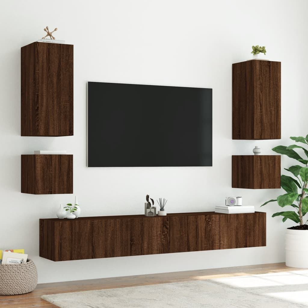 vidaXL væghængt tv-bord med LED-lys 100x35x41 cm brun egetræsfarve