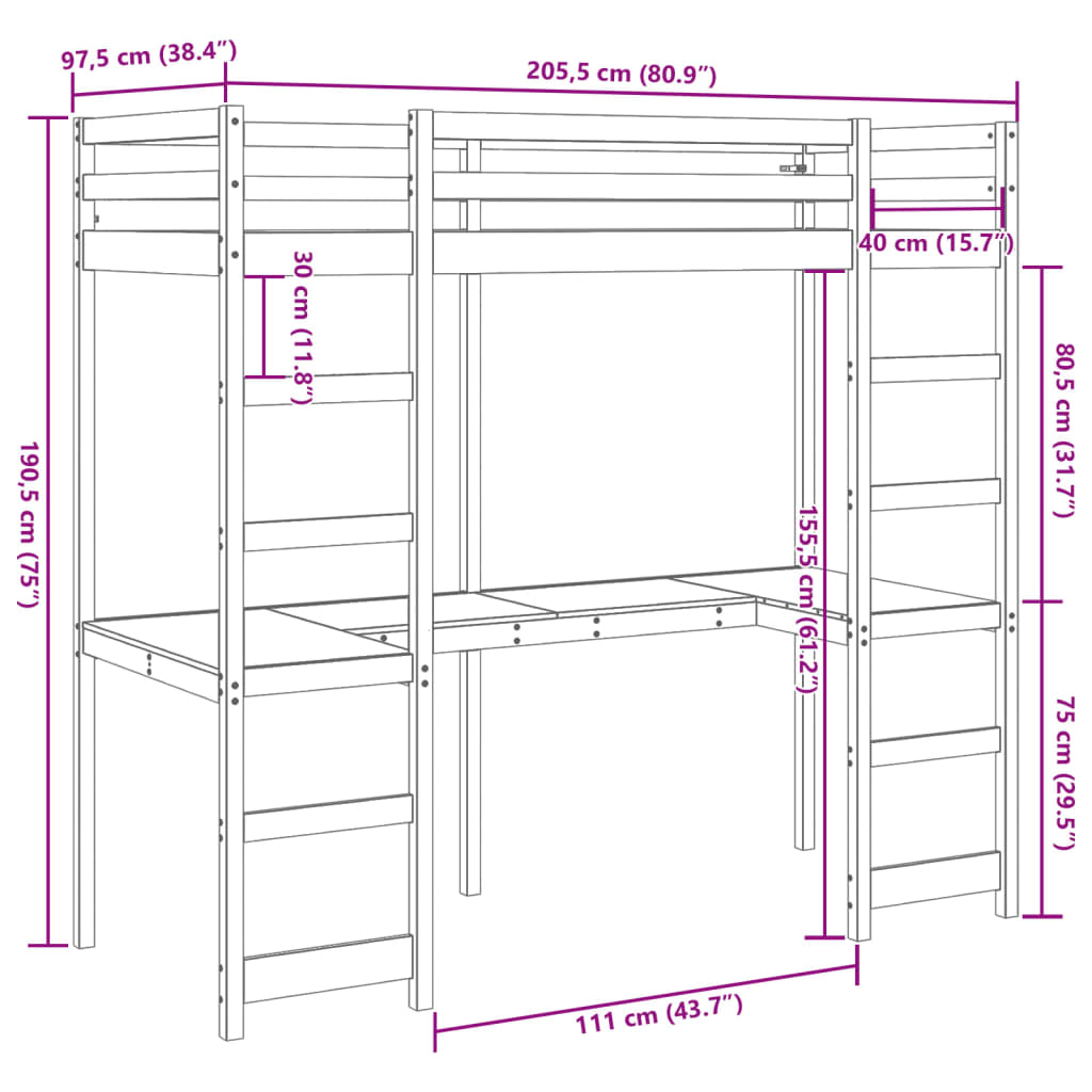 vidaXL højseng med skrivebord 90x200 cm massivt fyrretræ