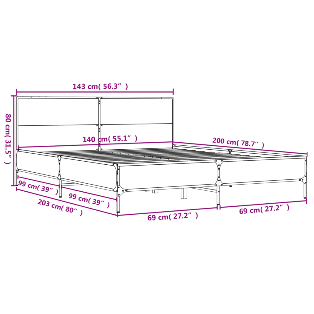 vidaXL sengestel 140x200 cm konstrueret træ og metal grå sonoma-eg