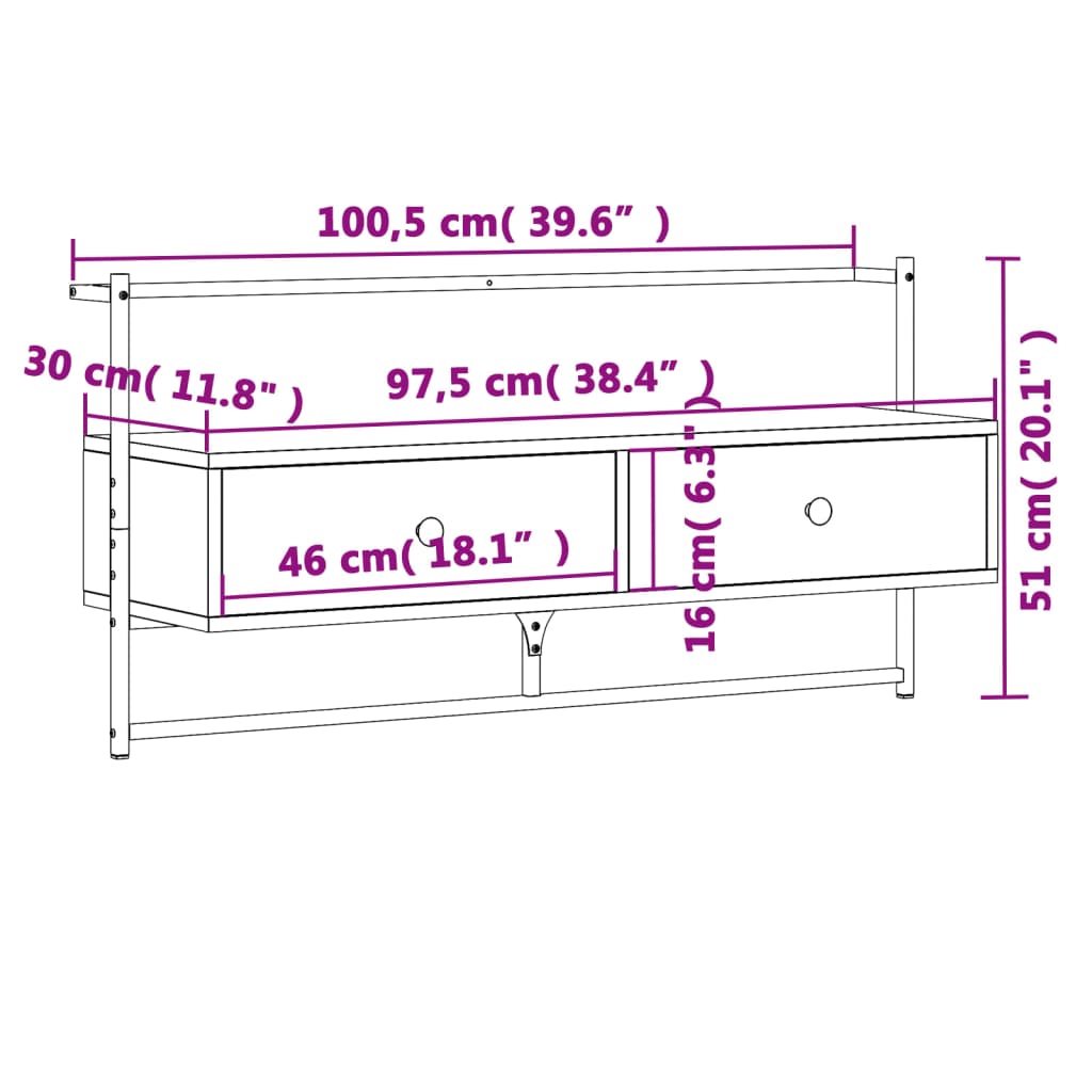 vidaXL væghængt tv-bord 100,5x30x51 cm konstrueret træ sort