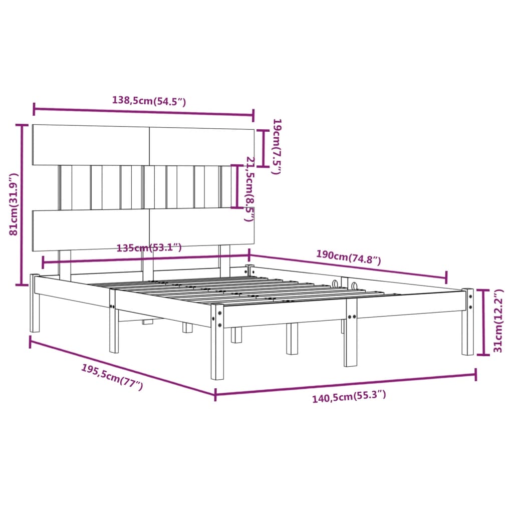 vidaXL sengeramme 135x190 cm Double massivt fyrretræ sort