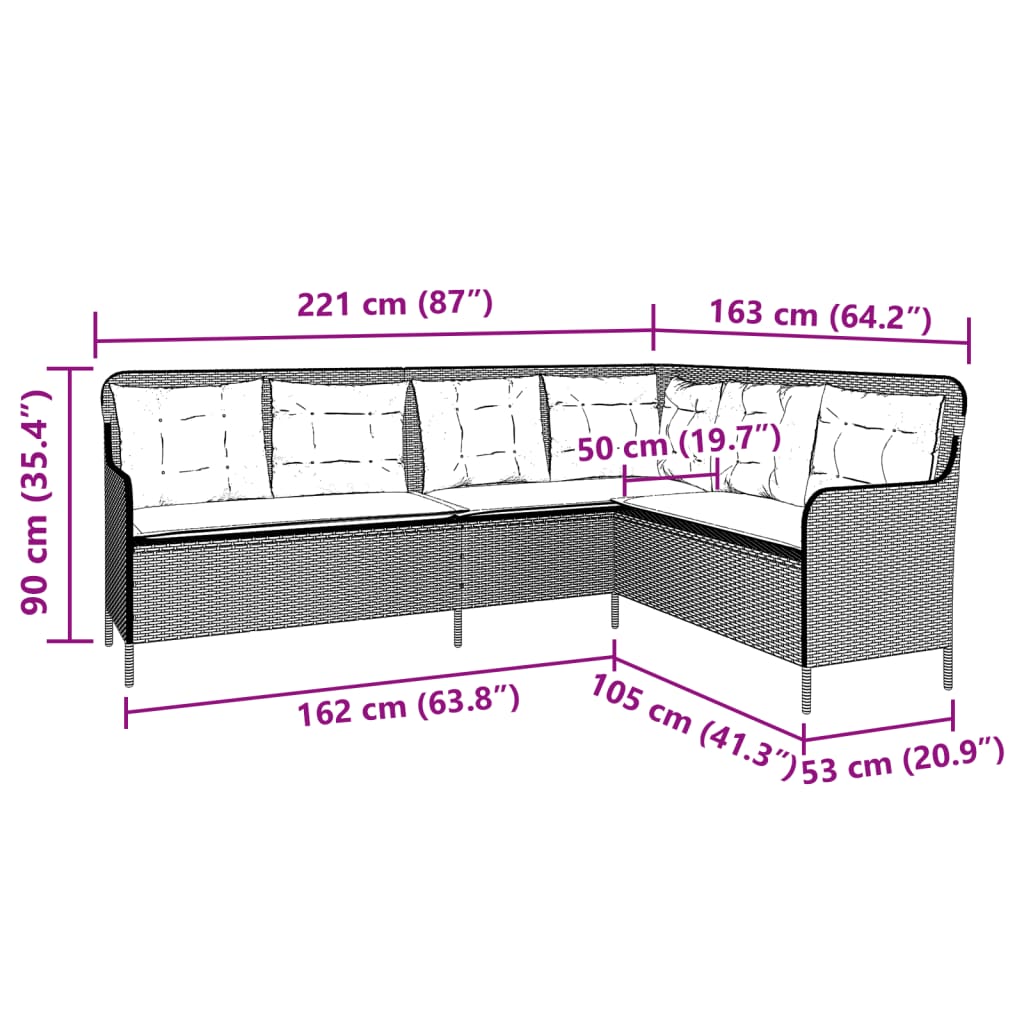 vidaXL havesofa med hynder L-formet polyrattan brun