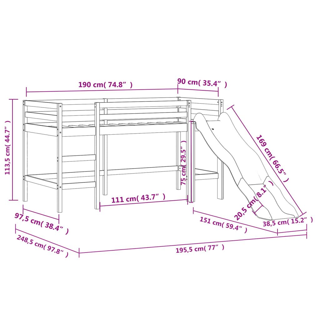 vidaXL højseng med gardiner 90x190 cm massivt fyrretræ pink