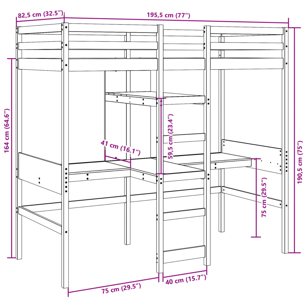 vidaXL højseng uden madras 75x190 cm massivt fyrretræ