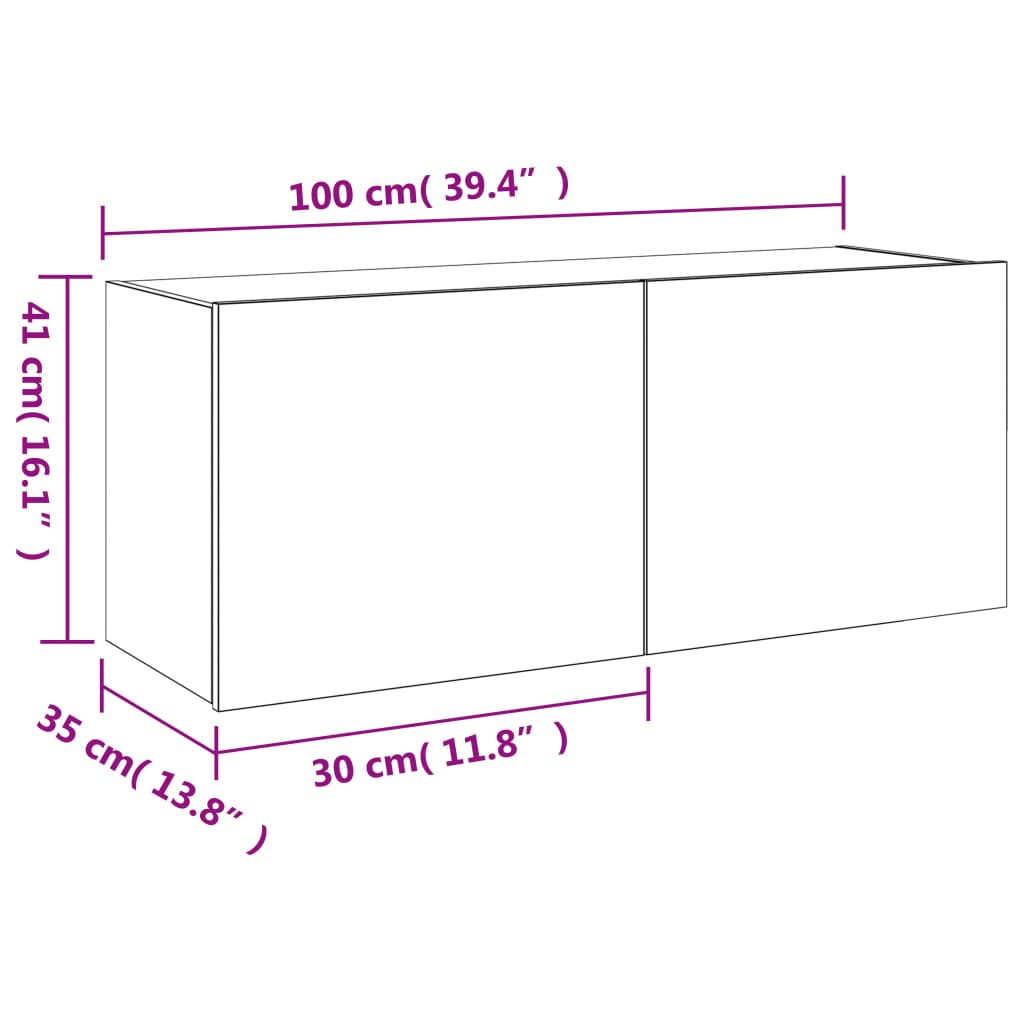 vidaXL væghængt tv-bord med LED-lys 100x35x41 cm brun egetræsfarve