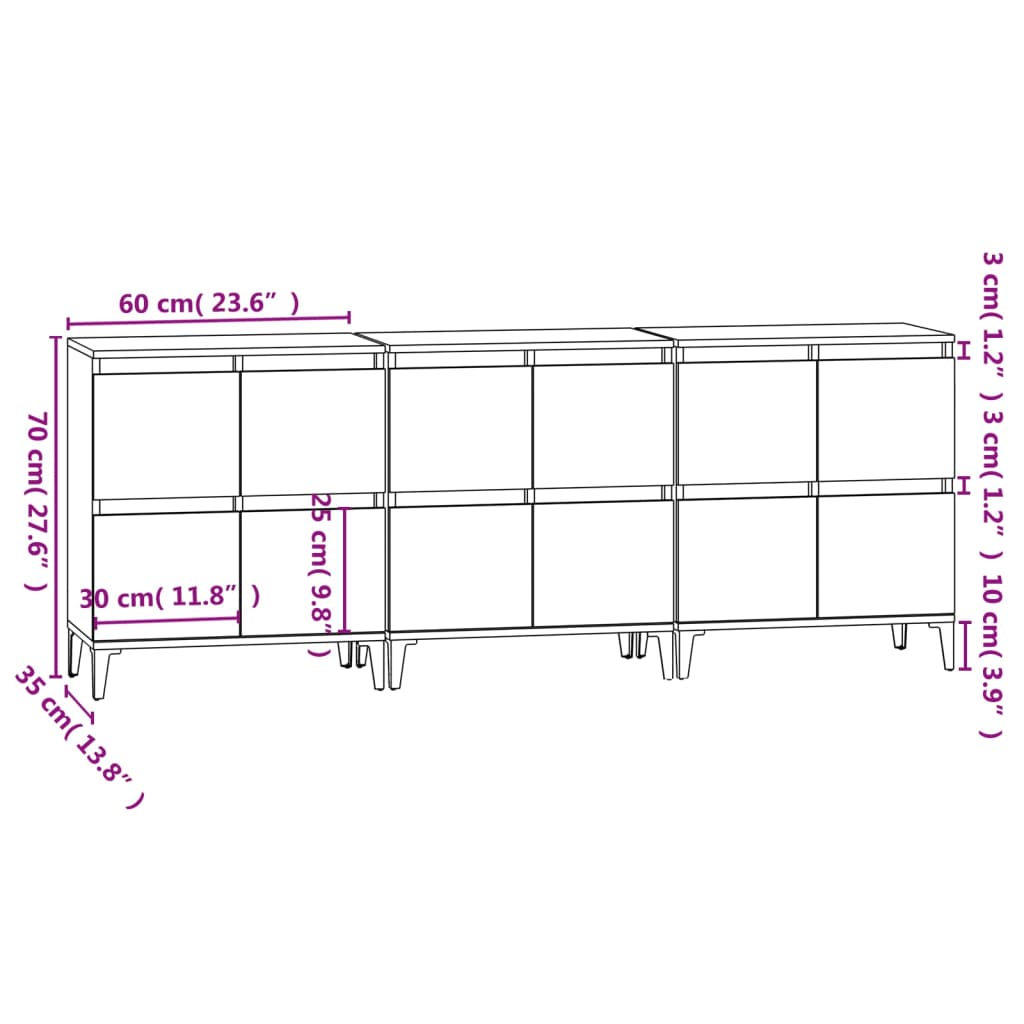 vidaXL skænke 3 stk. 60x35x70 cm konstrueret træ grå sonoma-eg