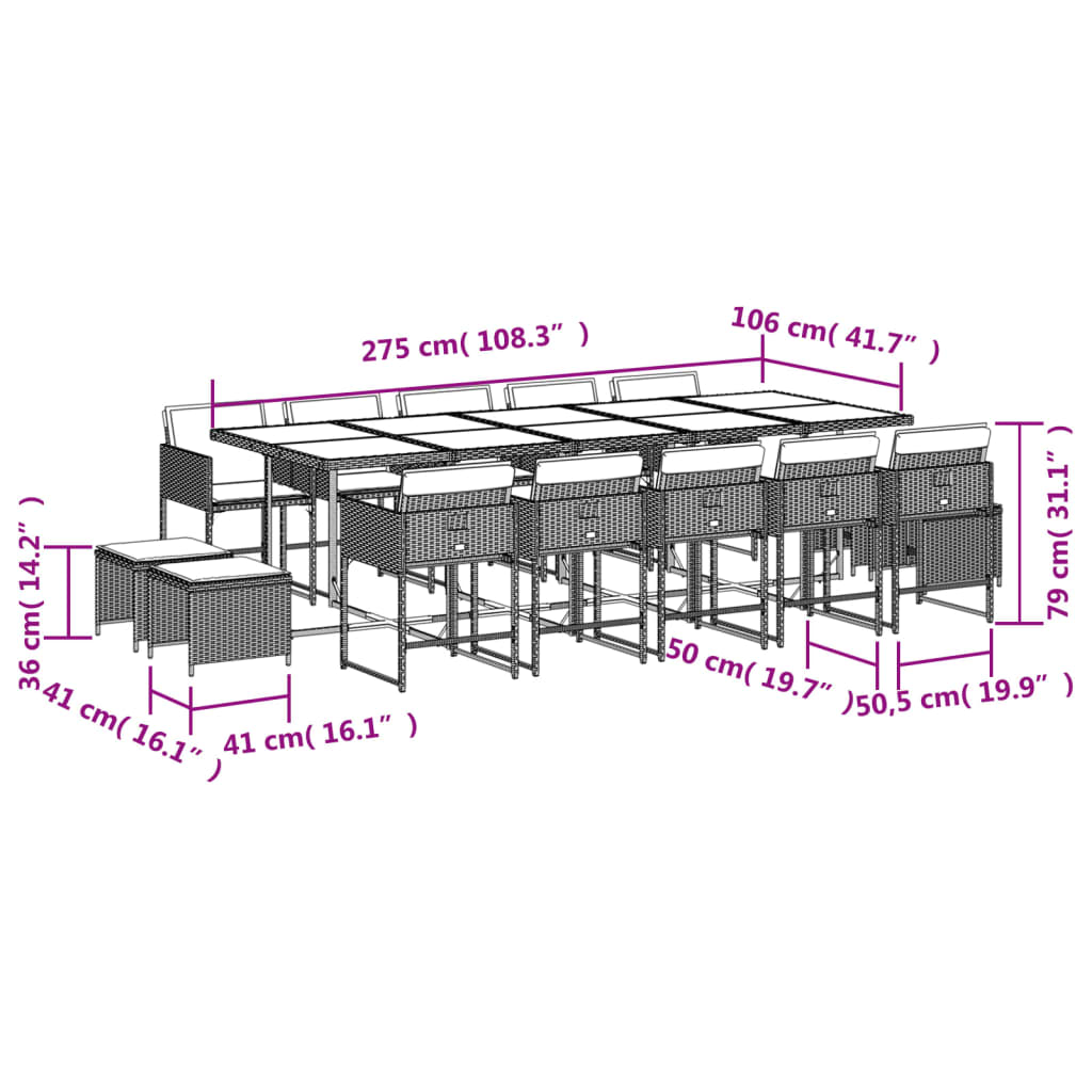 vidaXL spisebordssæt til haven 15 dele med hynder polyrattan lysegrå