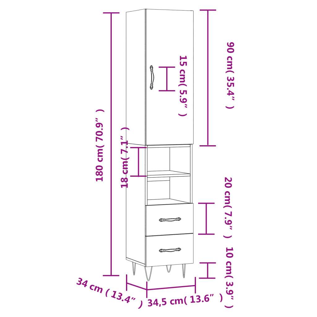 vidaXL højskab 34,5x34x180 cm konstrueret træ grå sonoma-eg