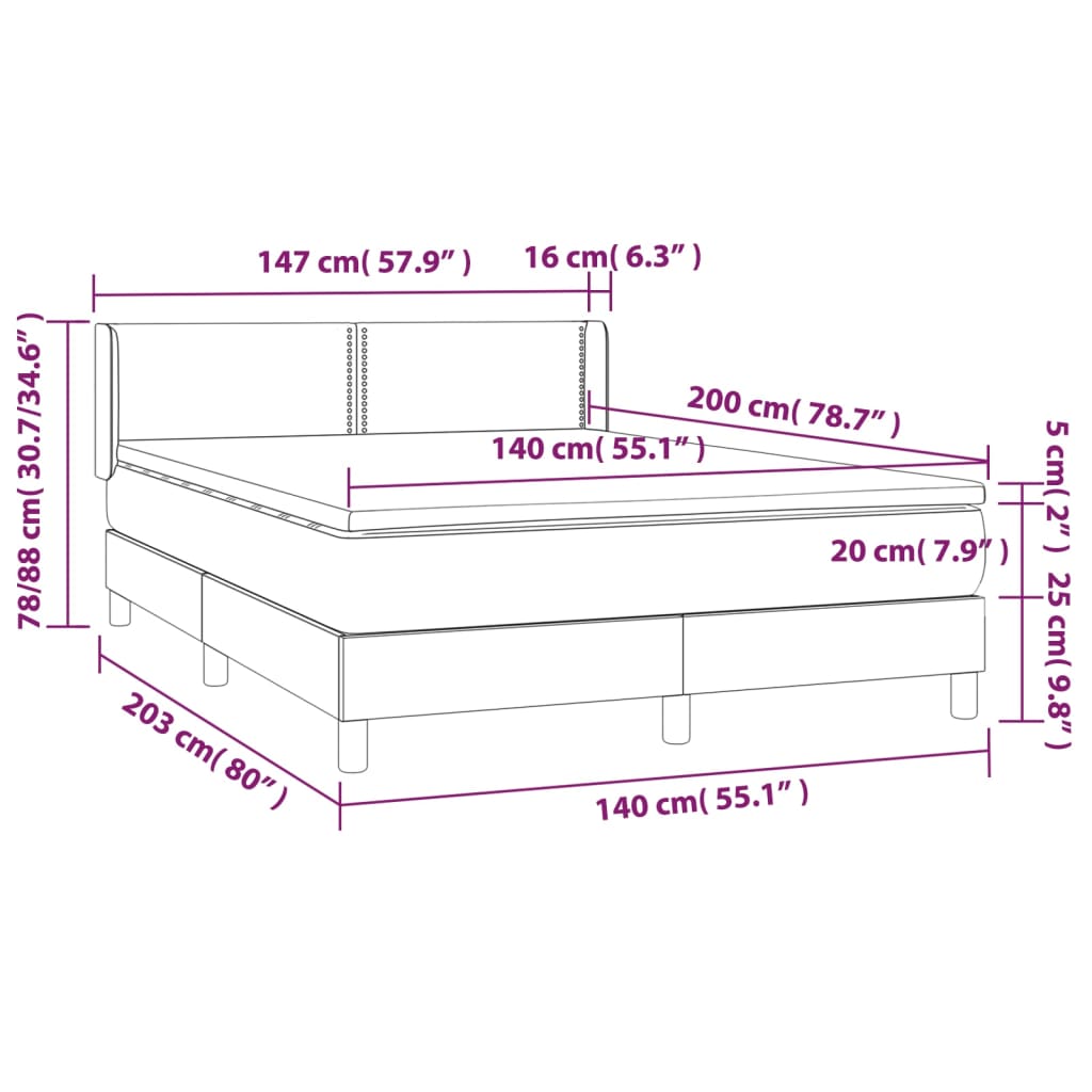 vidaXL kontinentalseng med madras 140x200 cm stof mørkegrå