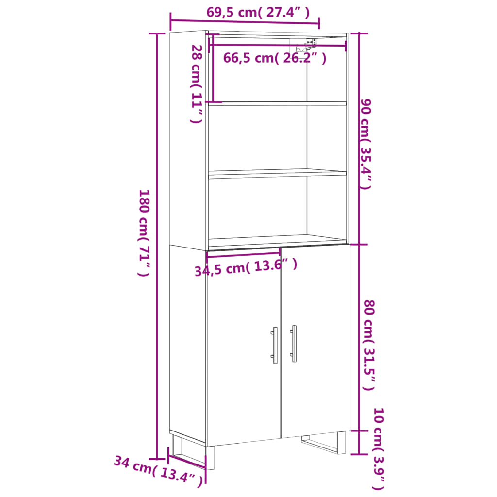 vidaXL højskab 69,5x34x180 cm konstrueret træ hvid