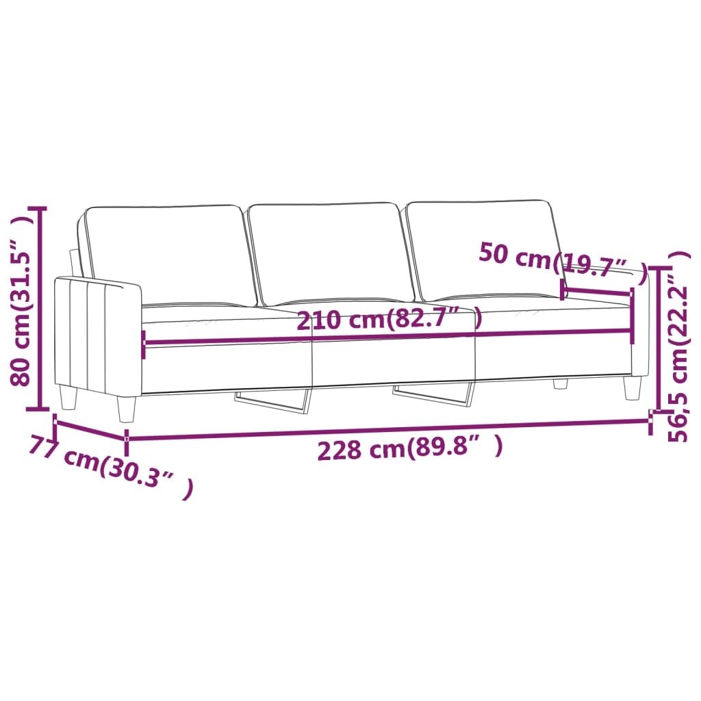 vidaXL 3-personers sofa 210 cm fløjl lysegrå