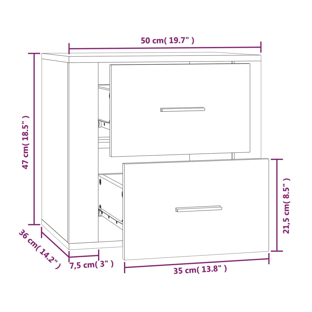 vidaXL væghængt sengebord 50x36x47 cm grå sonoma-eg