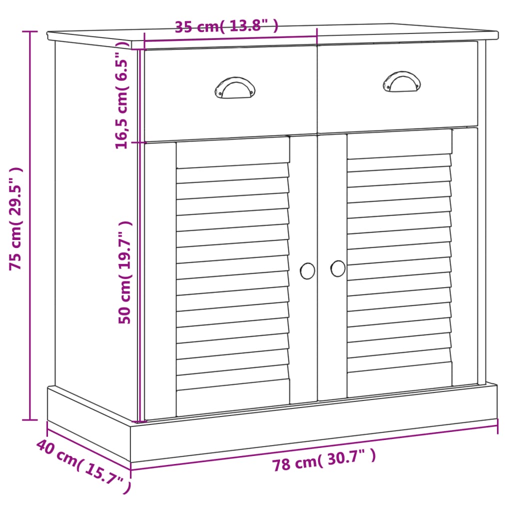 vidaXL skænk med skuffer VIGO 78x40x75 cm massivt fyrretræ hvid