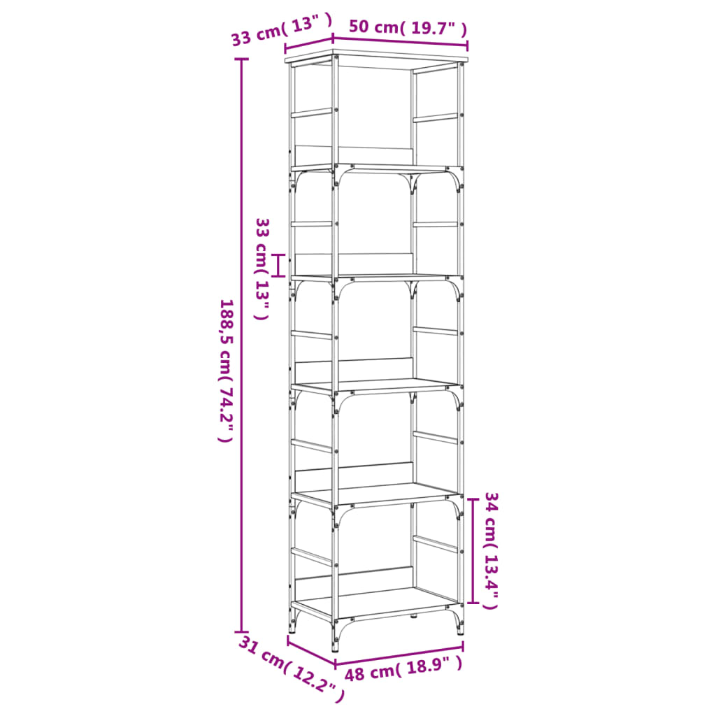 vidaXL bogreol 50x33x188,5 cm konstrueret træ sonoma-eg