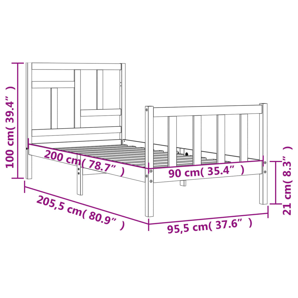 vidaXL sengeramme med sengegavl 90x200 cm massivt træ