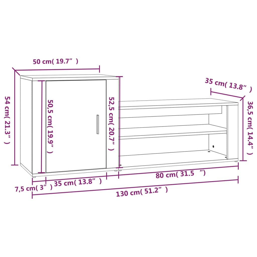 vidaXL skoskab 130x35x54 cm konstrueret træ grå sonoma-eg