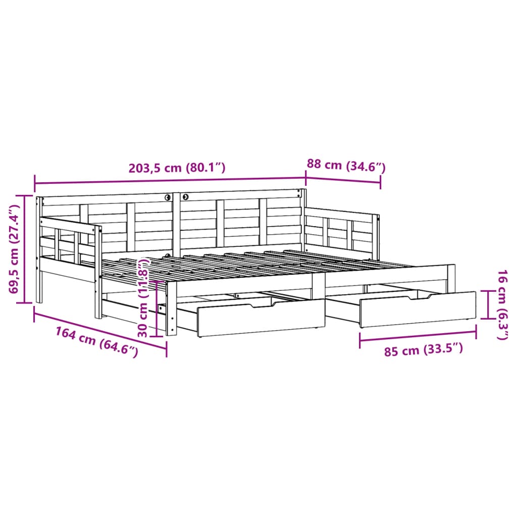 vidaXL daybed med udtræk og skuffer 80x200 cm massivt fyrretræ